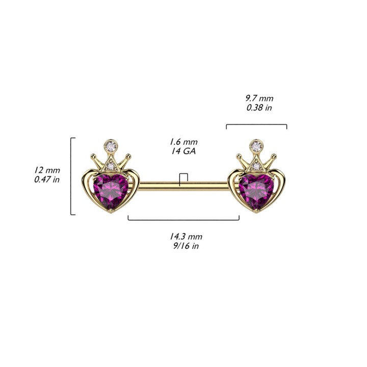 Piercing Téton Barbell Doré PVD Cœur Couronne Cristal Rose Foncé | Piercing Street