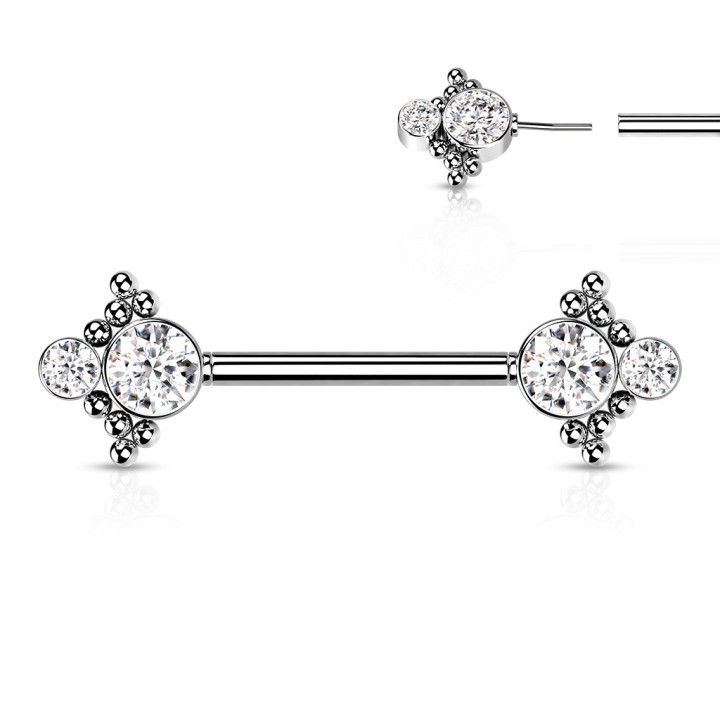 Piercing Téton Barbell Push-In Double Zircon Blanc & Billes – 14 mm | Piercing Street