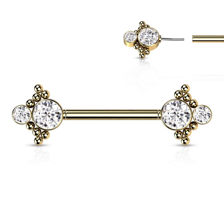 Piercing Téton Barbell Push-In Doré PVD Double Zircon Blanc & Billes – 14 mm | Piercing Street