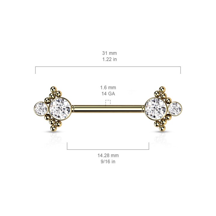 Piercing Téton Barbell Push-In Doré PVD Double Zircon Blanc & Billes – 14 mm | Piercing Street