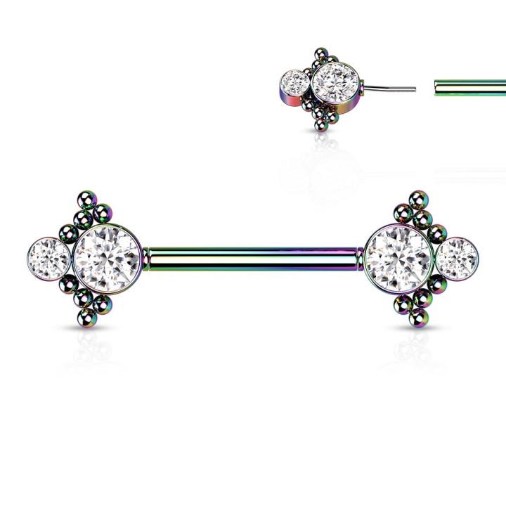Piercing Téton Barbell Push-In Arc-en-Ciel Double Zircon Blanc & Billes – 14 mm | Piercing Street