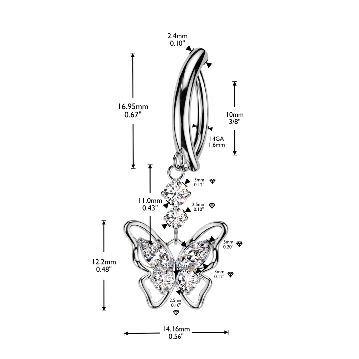 Piercing Nombril Anneau Clicker Pendentif Papillon Zircons Blancs | Piercing Street