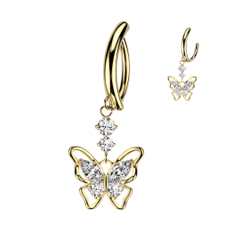 Piercing Nombril Anneau Clicker Doré Pendentif Papillon Zircons Blancs | Piercing Street