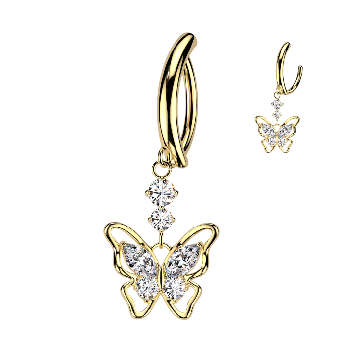 Piercing Nombril Anneau Clicker Doré Pendentif Papillon Zircons Blancs | Piercing Street