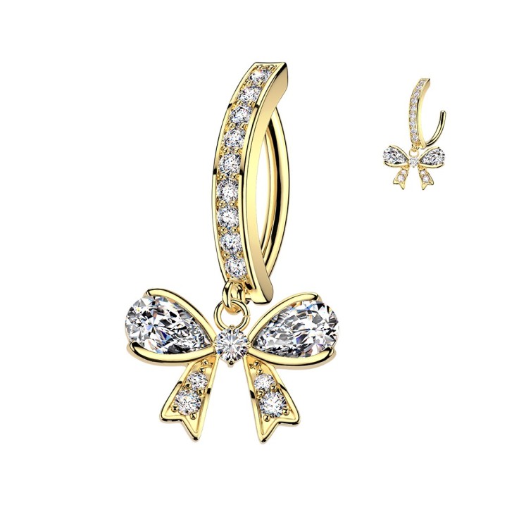 Piercing Nombril Anneau Clicker Doré Pavé Pendentif Ruban Zircons Blancs | Piercing Street