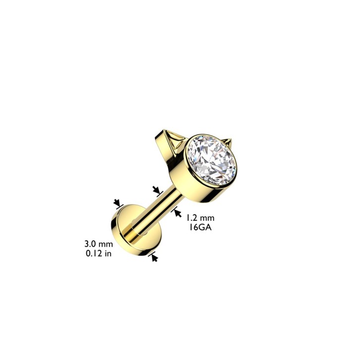 Piercing Oreille Labret Titane ASTM F136 Doré PVD Tête de Chat Zircon | Piercing Street