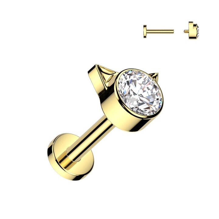 Piercing Oreille Labret Titane ASTM F136 Doré PVD Tête de Chat Zircon | Piercing Street