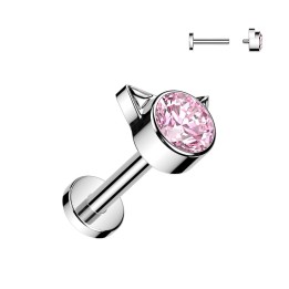 Piercing Oreille Labret Titane ASTM F136 Argenté Tête de Chat Zircon Rose | Piercing Street