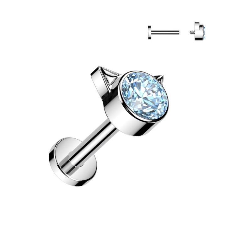Piercing Oreille Labret Titane ASTM F136 Argenté Tête de Chat Zircon Turquoise | Piercing Street