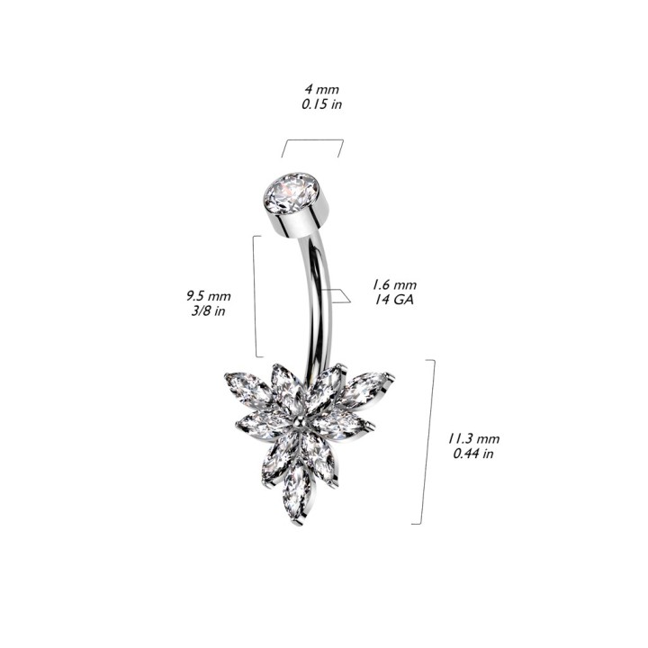 Piercing Nombril Titane ASTM F136 Argenté Fleur Zircons Marquise | Piercing Street