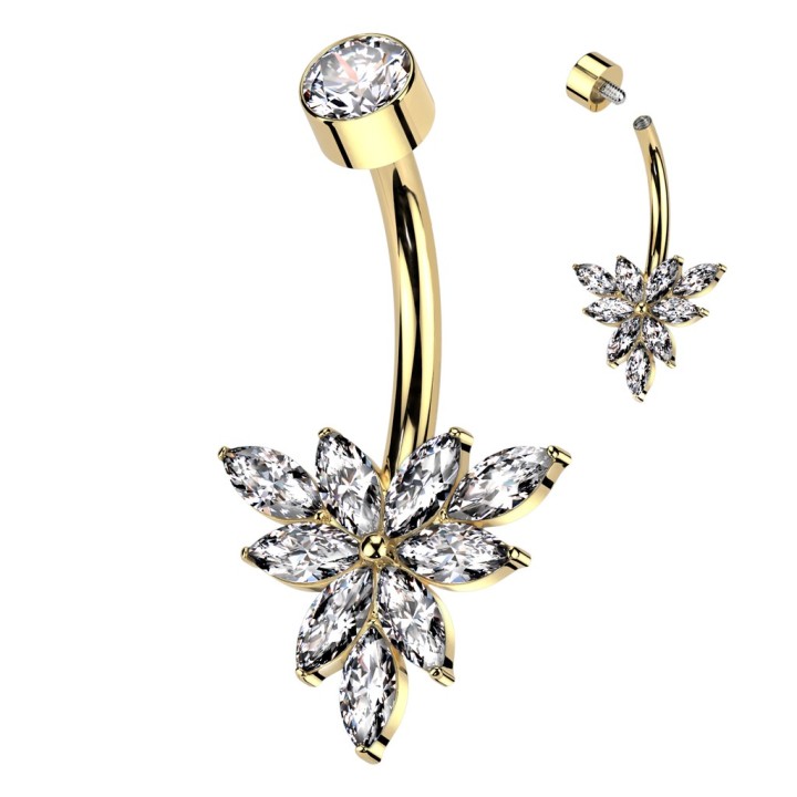 Piercing Nombril Titane ASTM F136 Doré PVD Fleur Zircons Marquise | Piercing Street