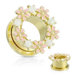 Tunnel Oreille Doré PVD Pierres Opale & Fleurs Émail – 6 à 16 mm | Piercing Street