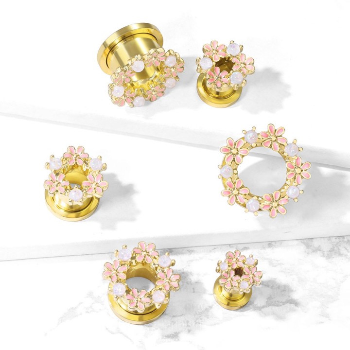 Tunnel Oreille Doré PVD Pierres Opale & Fleurs Émail – 6 à 16 mm | Piercing Street