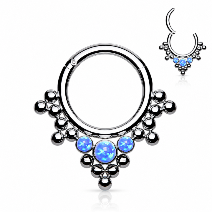 Piercing Daith Septum Clicker Titane ASTM F136 – 3 Opales Bleues & Billes Tribales | Piercing Street