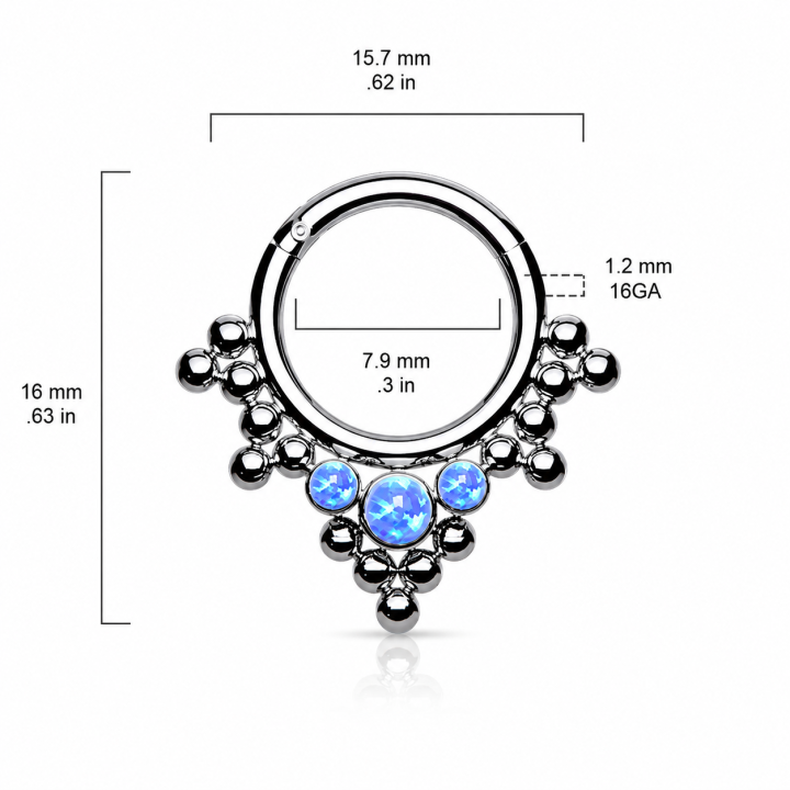 Piercing Daith Septum Clicker Titane ASTM F136 – 3 Opales Bleues & Billes Tribales | Piercing Street
