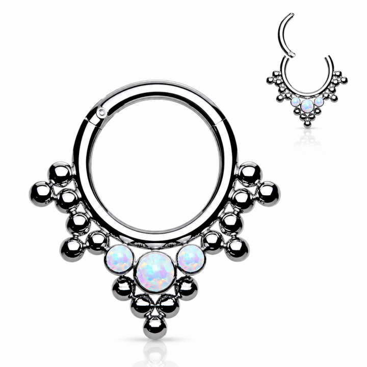 Piercing Daith Septum Clicker Titane ASTM F136 – 3 Opales Blanches & Billes Tribales | Piercing Street