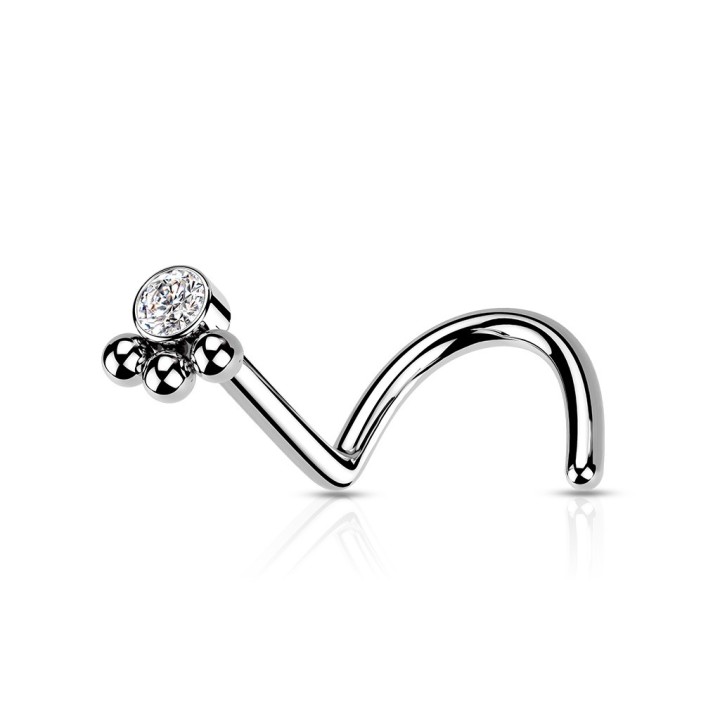 Piercing Nez courbé Argenté Trèfle 3 Billes & Zircon Central – 0,8 et 1,0 mm | Piercing Street