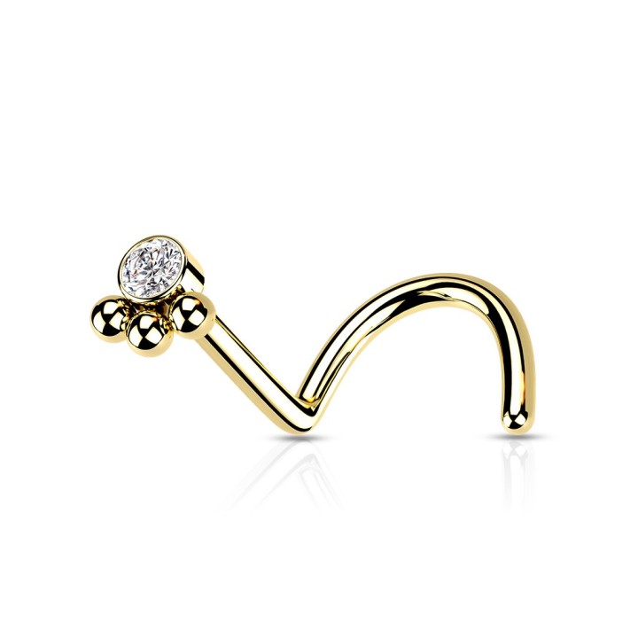 Piercing Nez Courbé Doré PVD Trèfle 3 Billes & Zircon Central | Piercing Street