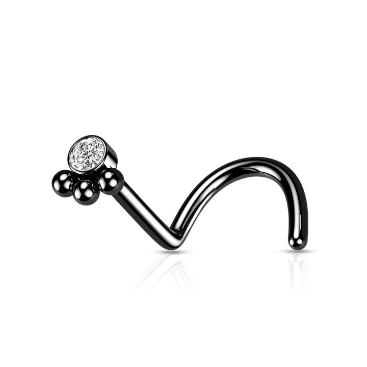 Piercing Nez Courbé Noir PVD Trèfle 3 Billes & Zircon Central | Piercing Street