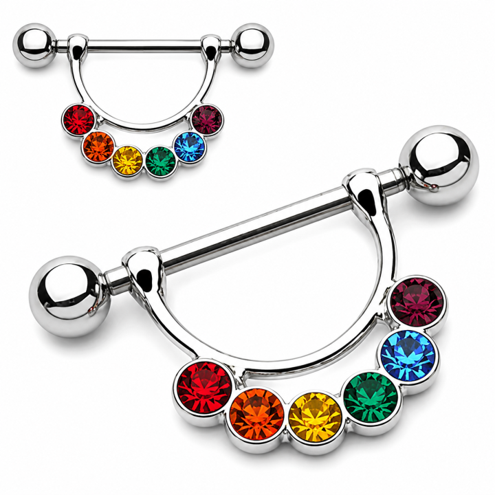 Piercing téton acier chirurgical – Barbell avec strass multicolores