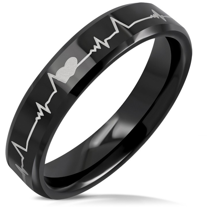 Bague Céramique Noire Électrocardiogramme 6 mm – Tailles 54 à 75 | Piercing Street