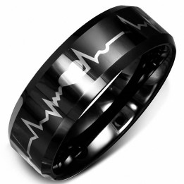Bague Céramique Noire Brillante Électrocardiogramme 8 mm – Tailles 54 à 64 | Piercing Street