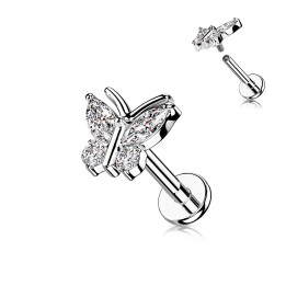 Piercing Oreille Labret Acier 316L Argenté Papillon Zircons Blancs | Piercing Street
