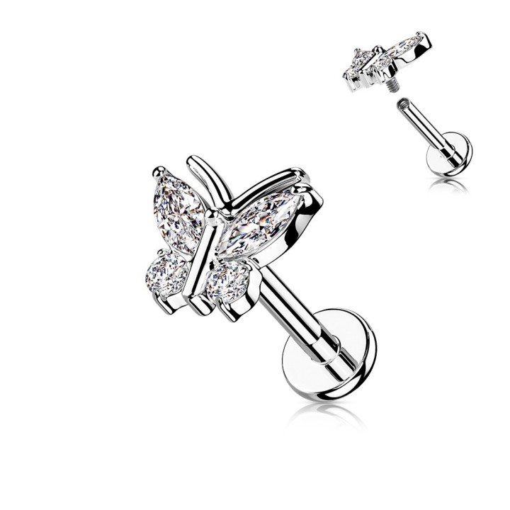 Piercing Oreille Labret Acier 316L Argenté Papillon Zircons Blancs | Piercing Street