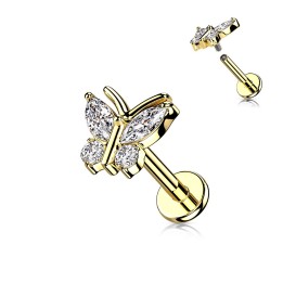 Piercing Oreille Labret Acier 316L Doré PVD Papillon Zircons Blancs | Piercing Street