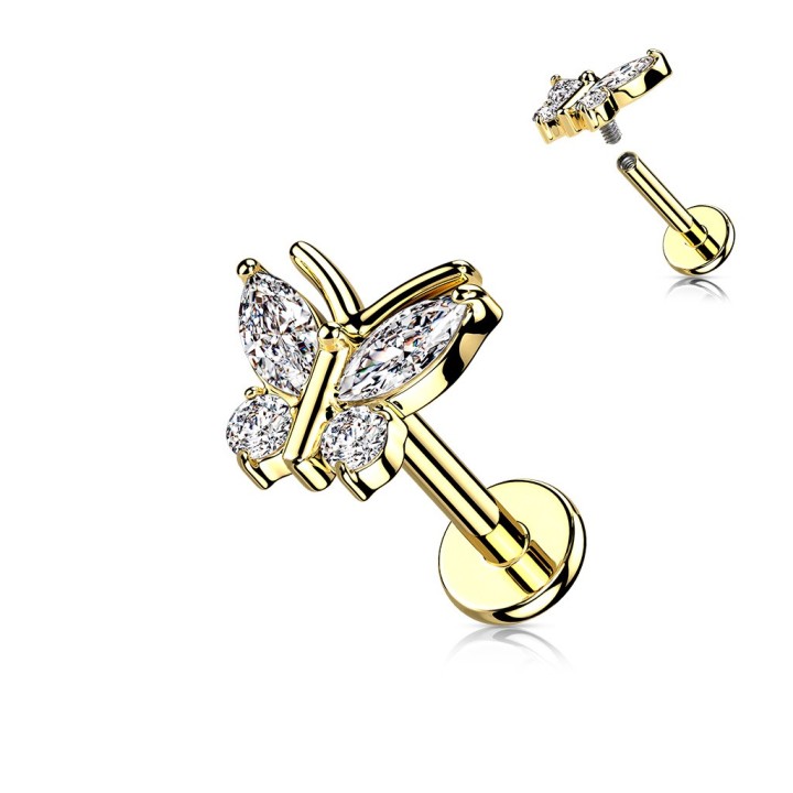 Piercing Oreille Labret Acier 316L Doré PVD Papillon Zircons Blancs | Piercing Street