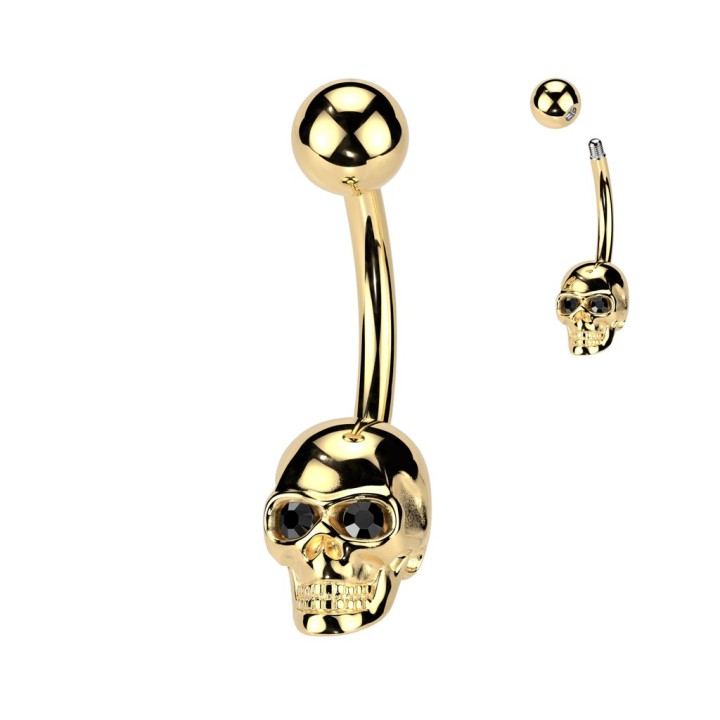 Piercing Nombril Crâne Doré PVD Yeux Cristaux Noirs | Piercing Street