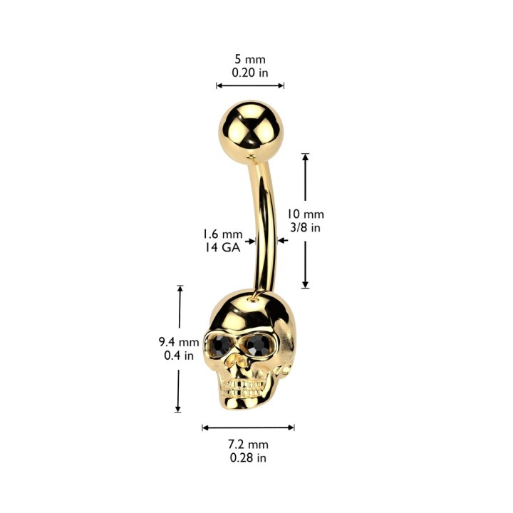 Piercing Nombril Crâne Doré PVD Yeux Cristaux Noirs | Piercing Street