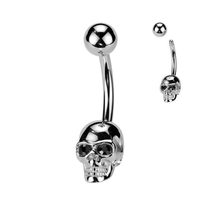 Piercing Nombril Crâne Argenté Yeux Cristaux Noirs | Piercing Street