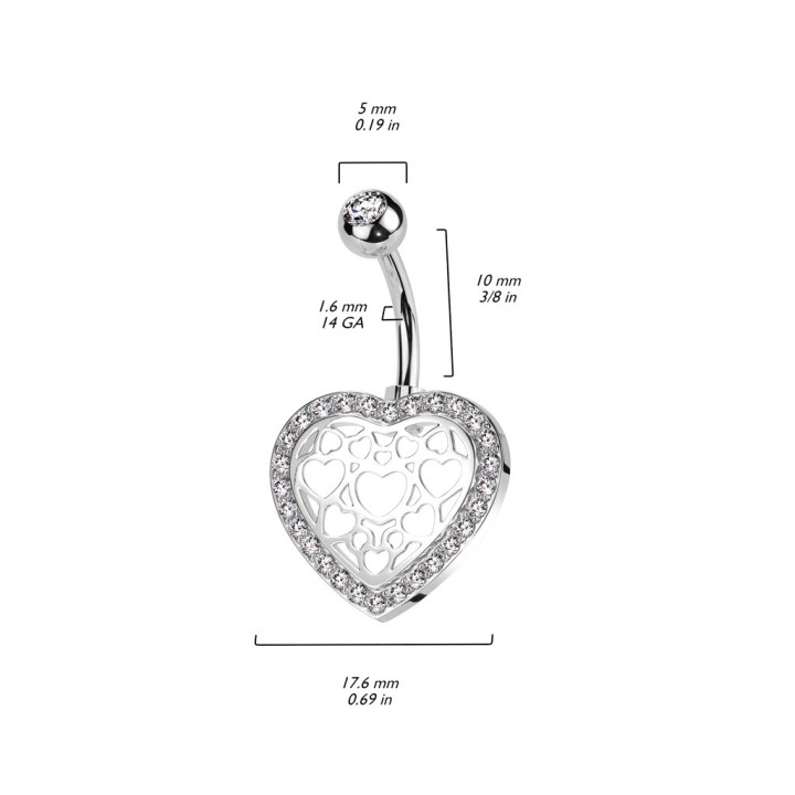 Piercing Nombril Cœur Ajouré Pavé Zircons Blancs Argenté | Piercing Street