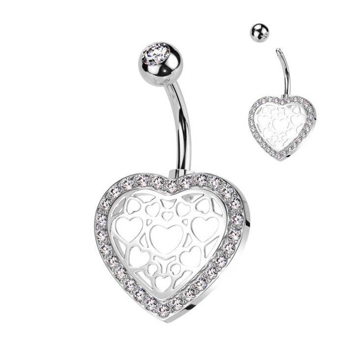 Piercing Nombril Cœur Ajouré Pavé Zircons Blancs Argenté | Piercing Street
