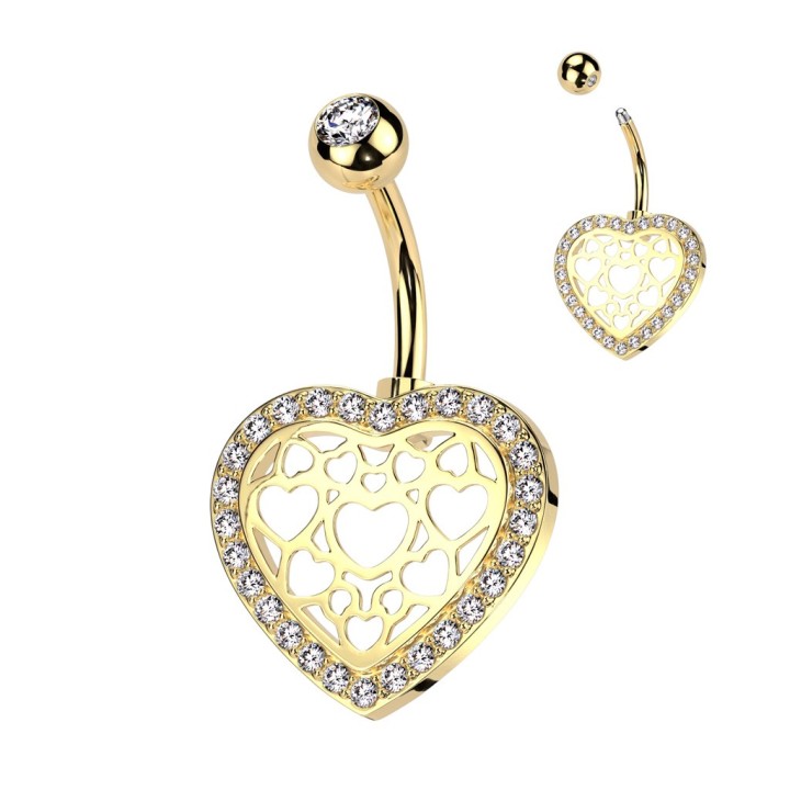 Piercing Nombril Cœur Ajouré Doré PVD Pavé Zircons Blancs | Piercing Street