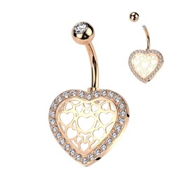 Piercing Nombril Cœur Ajouré Rose Gold PVD Pavé Zircons Blancs | Piercing Street