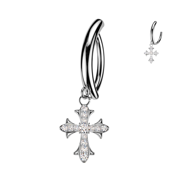 Piercing Nombril Anneau Clicker Argenté Pendentif Croix Zircons Blancs | Piercing Street