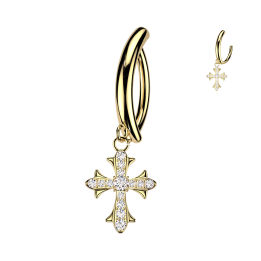 Piercing Nombril Anneau Clicker Doré PVD Pendentif Croix Zircons Blancs | Piercing Street