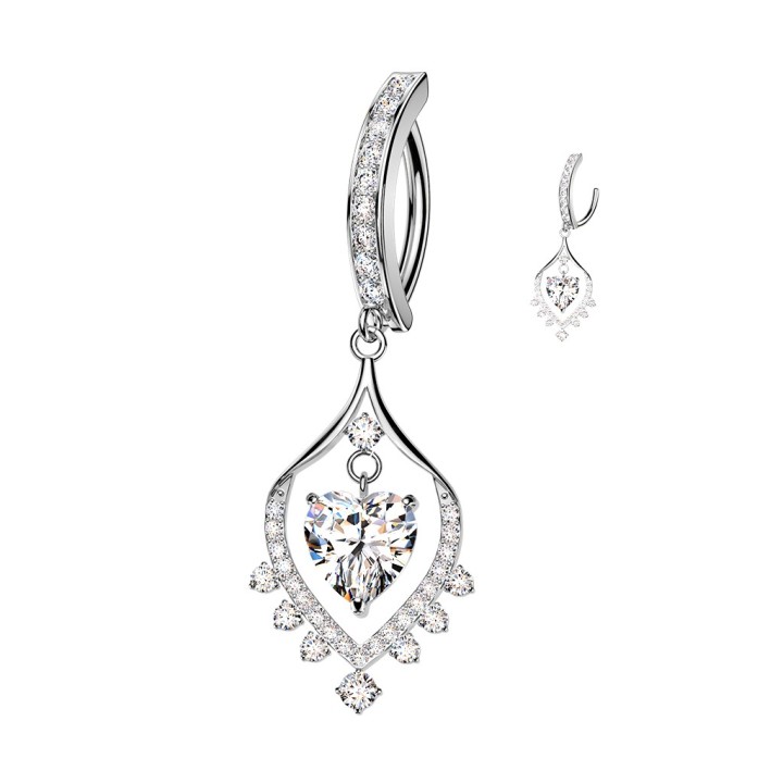 Piercing Nombril Anneau Clicker Pavé Argenté – Pendentif Cœur Dansant Zircons | Piercing Street