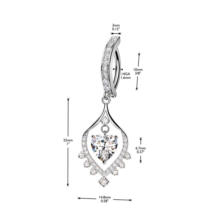 Piercing Nombril Anneau Clicker Pavé Argenté – Pendentif Cœur Dansant Zircons | Piercing Street