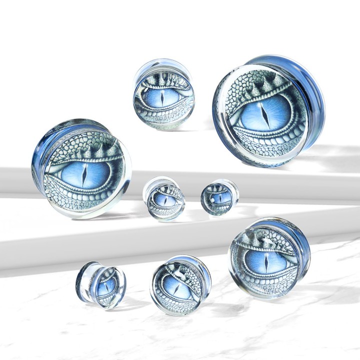 Plug Oreille Acrylique Transparent Motif Œil de Dragon Bleu – 8 à 25 mm | Piercing Street
