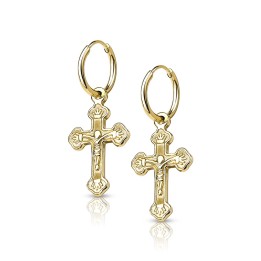 Boucles d'Oreilles Créoles Acier Doré PVD Pendentif Croix | Piercing Street