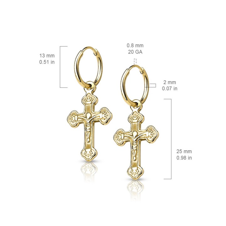 Boucles d'Oreilles Créoles Acier Doré PVD Pendentif Croix | Piercing Street
