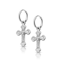 Boucles d'Oreilles Créoles Acier Argenté Pendentif Croix | Piercing Street