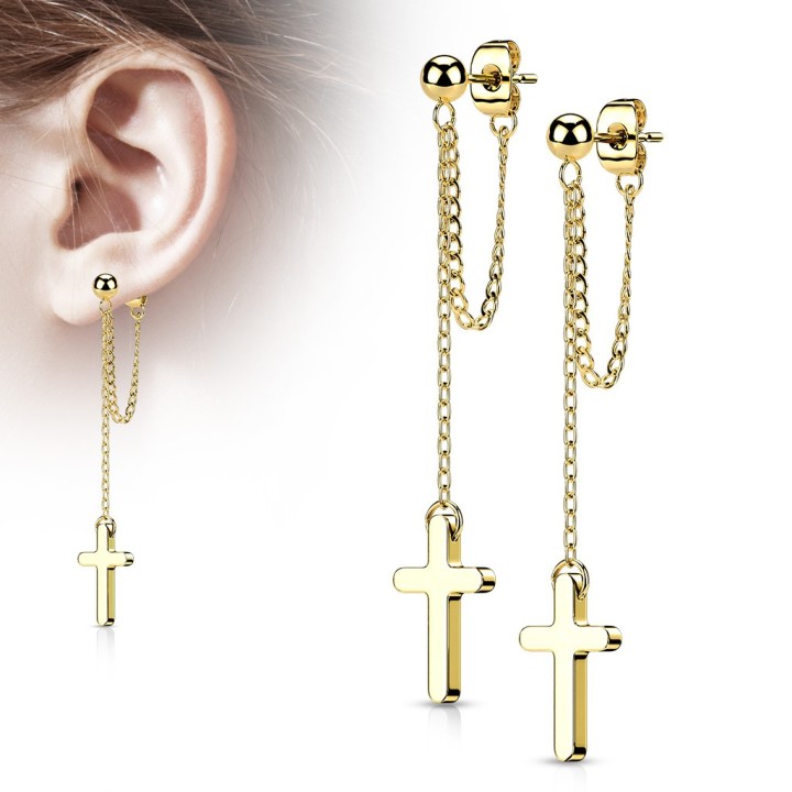 Boucles d'Oreilles Puces Acier Doré PVD – Chaînette & Pendentif Croix | Piercing Street