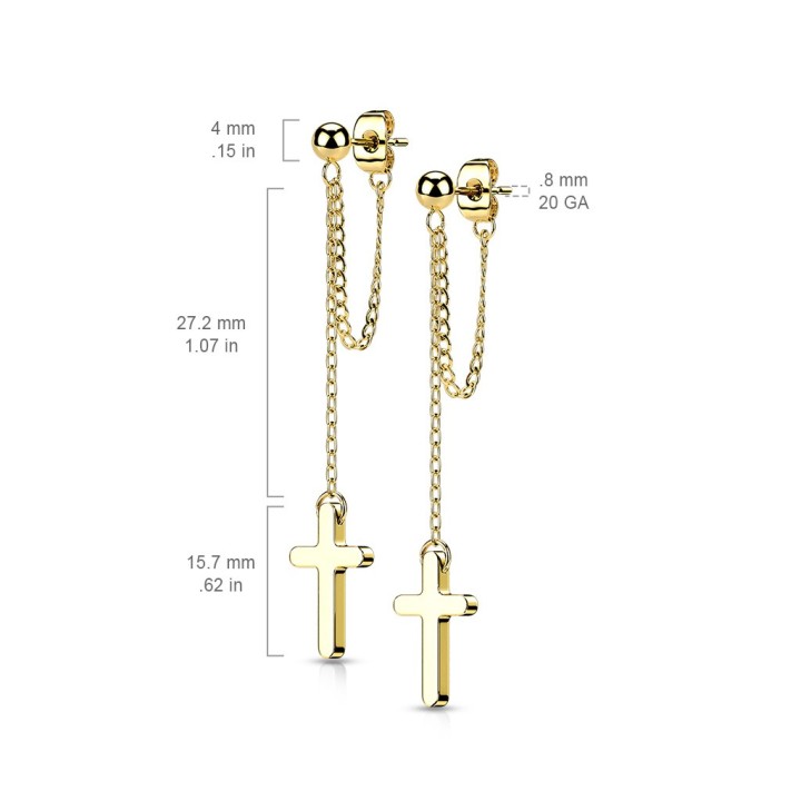 Boucles d'Oreilles Puces Acier Doré PVD – Chaînette & Pendentif Croix | Piercing Street