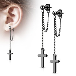 Boucles d'Oreilles Puces Acier Noir PVD – Chaînette & Pendentif Croix | Piercing Street