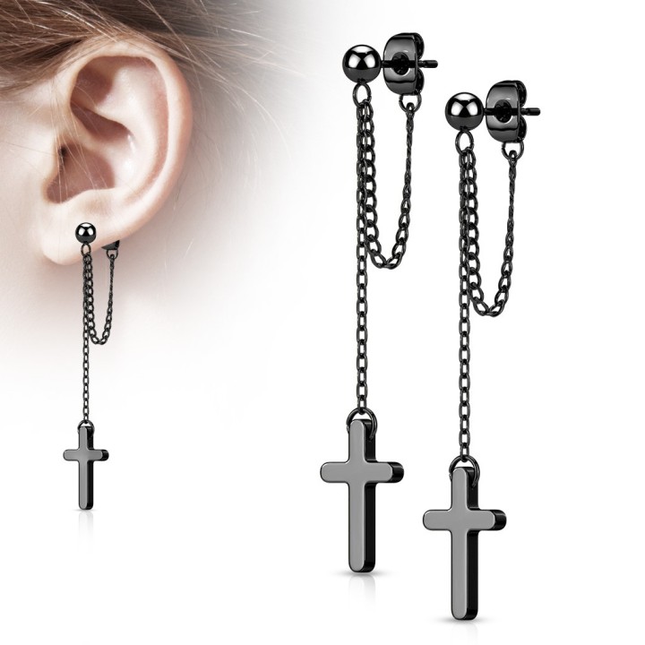 Boucles d'Oreilles Puces Acier Noir PVD – Chaînette & Pendentif Croix | Piercing Street