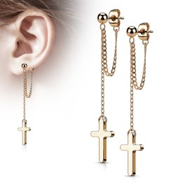Boucles d'Oreilles Puces Acier Rose Gold PVD – Chaînette & Pendentif Croix | Piercing Street